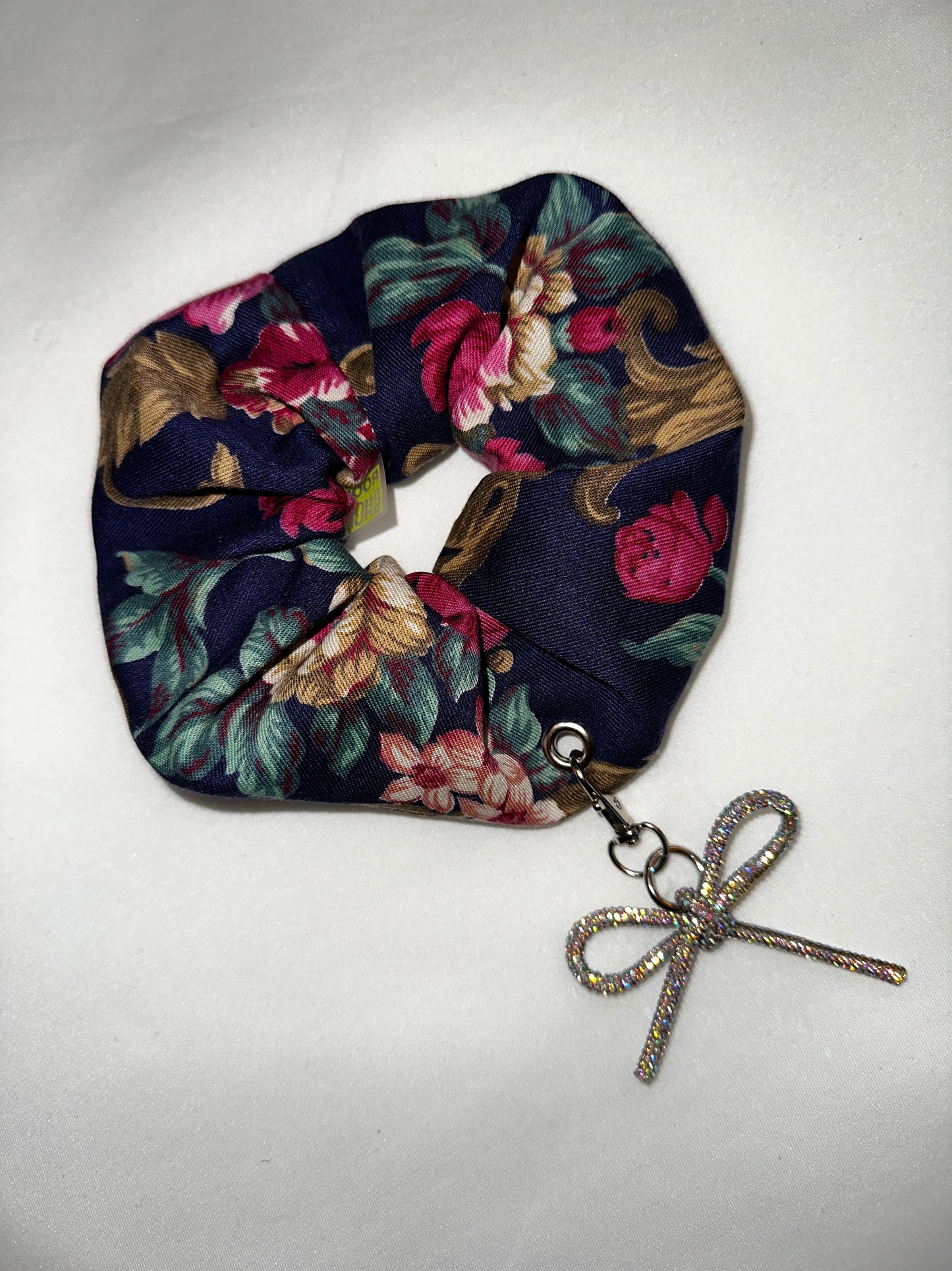 Dark Floral Rhinestone Bow Scrunchie